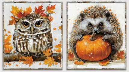 Poster - an owl sitting on a branch wearing a fall leaves headband