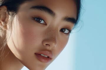 Wall Mural - An Asian woman with flawless skin posed close up. A beauty cosmetic or skincare fashion portrait with copy space