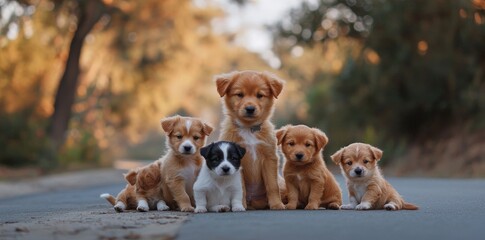 Two puppies sitting outside together, funny background for pet portraits