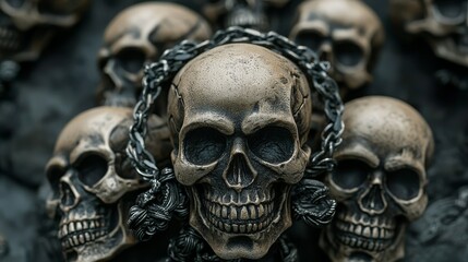 Bound by Chains, Skull with Detailed Texture, Close Up, Chain, Skeleton, Dark