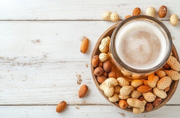 Wall Mural - Beer and Nuts on White Wooden Table