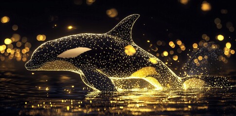 Light bokeh shot of an orca swimming towards the surface of the water