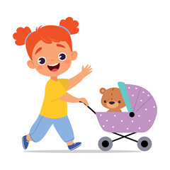 Sticker - Girl Character Play Toy Teddy Bear Sit in Baby Carriage Vector Illustration