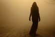 © N Joy Art  - Silhouette of a lone woman walking into the dense fog on a deserted path, the scene is bathed in warm, golden light, mysterious and moody atmosphere evokes feelings solitude and quiet reflection.