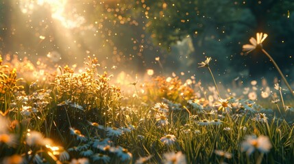 Wall Mural - Sunbeams Through a Field of Daisies at Sunrise