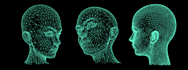 Aufkleber - A set of 3d heads made of mesh on a black background. Illustration in techno futuristic style.