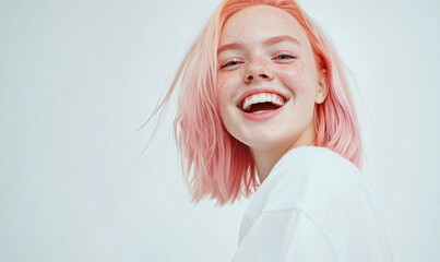 beautiful pretty young woman pink hair style in white clothes posing on white background, pretty cute candid beauty portrait, natural look, emotional smiling