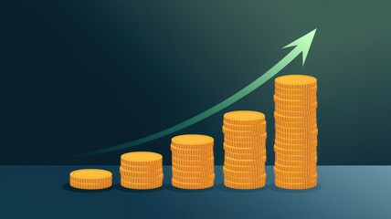 A graphic depicting stacks of coins increasing in height, accompanied by an upward arrow, symbolizing growth and financial success