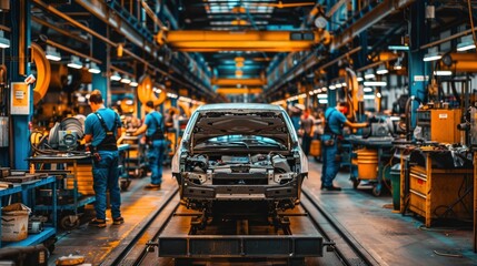 Car Manufacturing Assembly Line with Workers