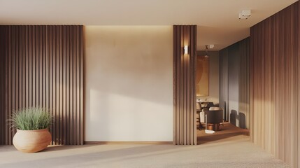 An interior room with wooden paneling and a beige stucco wall. There's a pot with grass near the wall. 