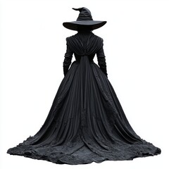 Illustration of a back view portrait of a woman wearing an isolated transparent transparent background illustration of a black witch costume for Halloween in PNG format