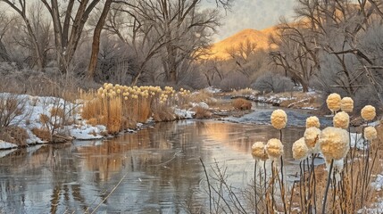 Canvas Print - Serene Winter Stream with Golden Light and Fluffy Reeds