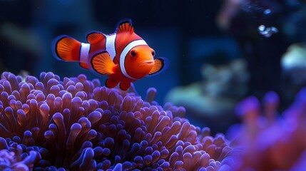 Observing clownfish in their natural habitat, clownfish with purple blue sea anemones