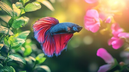 In a beautiful aquarium decorated with aquatic plants, an elegant neon gradient blue pink purple male Siamese Fighting Fish or Betta fish swims around.