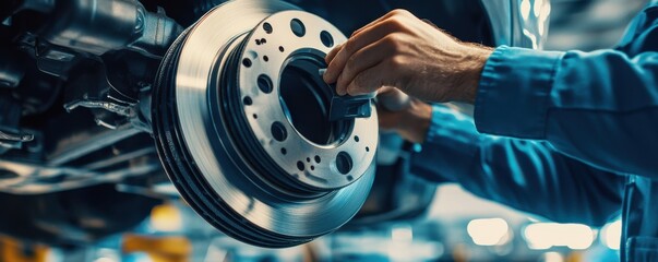 Wall Mural - Close-up of mechanic's hands carefully installing a new brake disc on a car for professional auto repair service