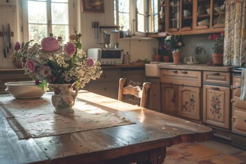 Charming kitchen scene with wooden table, floral centerpiece, and sunlight streaming through the window, creating a warm atmosphere.