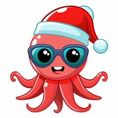 Wall Mural - Vector Art Funny Cartoon Christmas Baby Octopus in Santa Hat and Sunglasses, Clipart on White Background