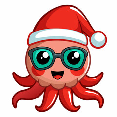 Wall Mural - Vector Art Funny Cartoon Christmas Baby Octopus in Santa Hat and Sunglasses, Clipart on White Background