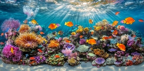 A beautiful aquarium tank with many fish and sunlight rays