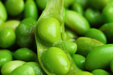 Canvas Print - Fresh edamame pod on soybeans, closeup view