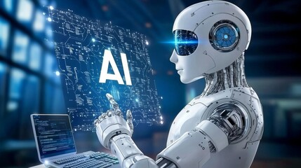 Robot with stock word touching hologram screen, with bokeh light glow, AI technology and personal assistant trend concept and abstract background with copy space.