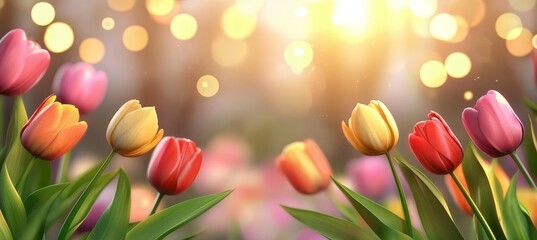 An image of tulips blooming in a soft sunlight, and a close up of a white grass flower swing moving in gentle breeze is shown