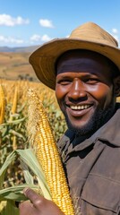 smiling African farmer harvested corn rural field agriculture sustainability farming life