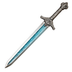 Fantasy sword with a glowing blue blade and a silver dragon shaped hilt isolated on a transparent background 