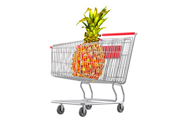 Wall Mural - Shopping cart with pineapple. 3D rendering isolated on transparent background