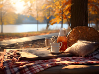 Wall Mural - Cozy picknick in a park with autumn golden leaves and blurry background with a river 