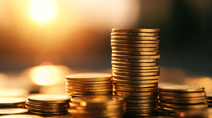 Stacked gold coins with a warm sunset background, representing wealth, investment, and financial prosperity.