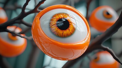 Wall Mural - A close up of an orange eye with a black pupil. The eye is surrounded by other orange eyes, creating a sense of depth and dimension. Scene is eerie and unsettling