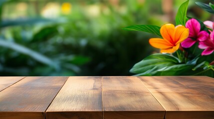 A wooden table with a view of a lush green garden. The table is empty and the garden is full of flowers