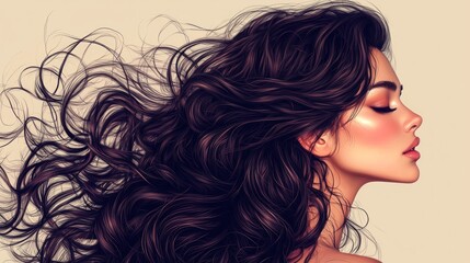 Wall Mural - Beautiful model girl with long curly hair. Smiling woman hairstyle wavy curls. Fashion, beauty and makeup portrait. Treatment, care and spa procedures.