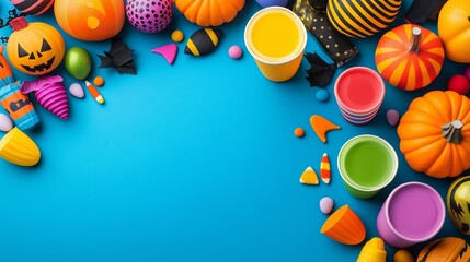 Wall Mural - A blue background with a variety of Halloween decorations including pumpkins, candy, and other items. The scene is colorful and festive, evoking a sense of fun and excitement for the upcoming holiday