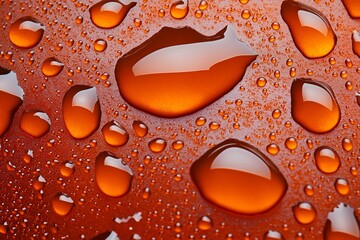 Wall Mural - A drop of water on a surface, with the water droplet appearing to be orange in color. The droplet is surrounded by other droplets, creating a sense of movement and fluidity