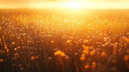 Wall Mural - A vast open field at sunset, with golden light casting long shadows across the tall grasses and wildflowers, creating a warm, tranquil atmosphere.