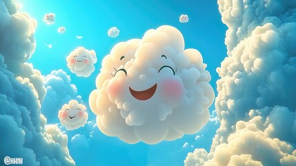 Wall Mural - a vibrant, animated sky filled with cartoon clouds, each one with a unique face or expression, addin