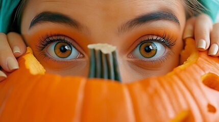 Poster - A woman with orange eyes is holding a pumpkin with a hole in it