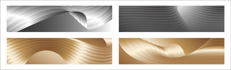 Wavy silver and gold parallel gradient lines, ribbons, silk. Set of 4 backgrounds. Black and white with shades of gray or golden silk. Banner, poster. eps vector