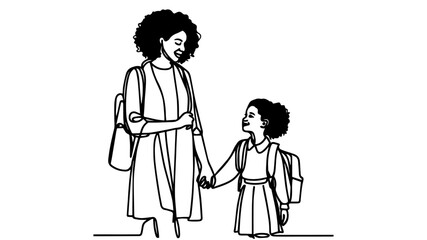 A black mother holding the hand of her smiling daughter  with a backpack line art drawing