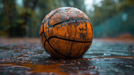 Wall Mural - A wet basketball sits on a court, rain falling around it.