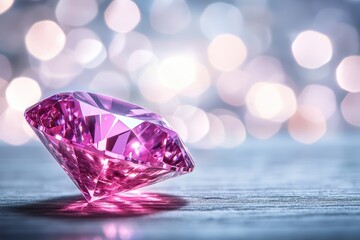 Wall Mural - Delicate pink diamond resting on a wooden surface with a shimmering bokeh background