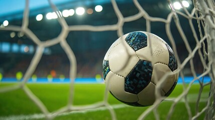 Close-up of a soccer ball hitting the net, capturing the excitement of the game in a vibrant stadium setting.