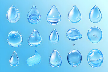 Realistic water droplets vector style set isolated on blue background