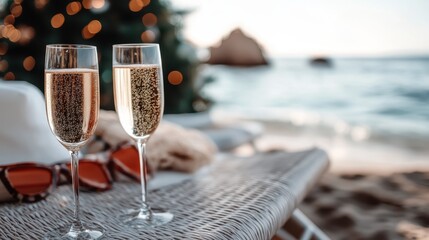 Two champagne flutes on a wicker table, overlooking the beach and ocean during sunset, evoking a sense of celebration and relaxation by the sea.