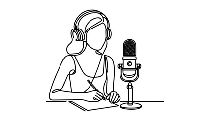 Female influencer recording podcast through microphone line art vector