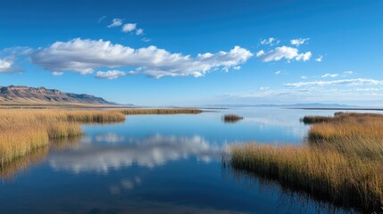 Bear River Bird Refuge in Autumn: Water, Grass, and Sky Landscape with Great Salt Lake Views