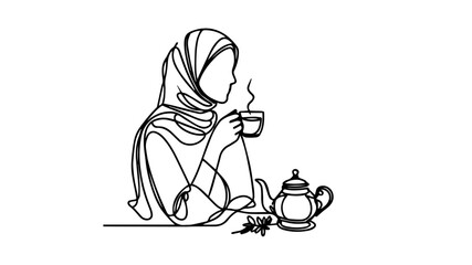 woman wearing hijab simping arab tea single line vector