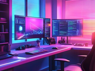 Wall Mural - radiant neon tinged workbench with mesmerizing web design prototypes and high tech equipment